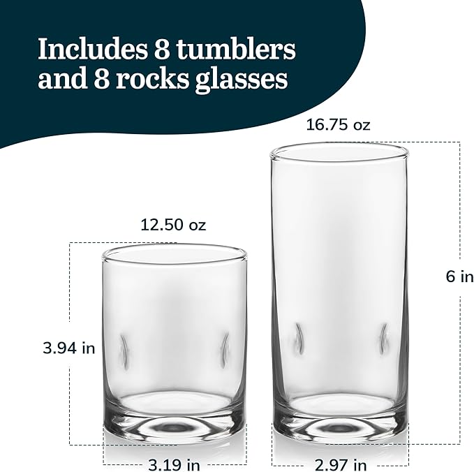 Libbey Impressions 16-Piece Tumbler and Rocks Clear Drinking Glasses, 8 16.7oz & 8 12oz Double Old-Fashioned Glass Drinking Cups Set