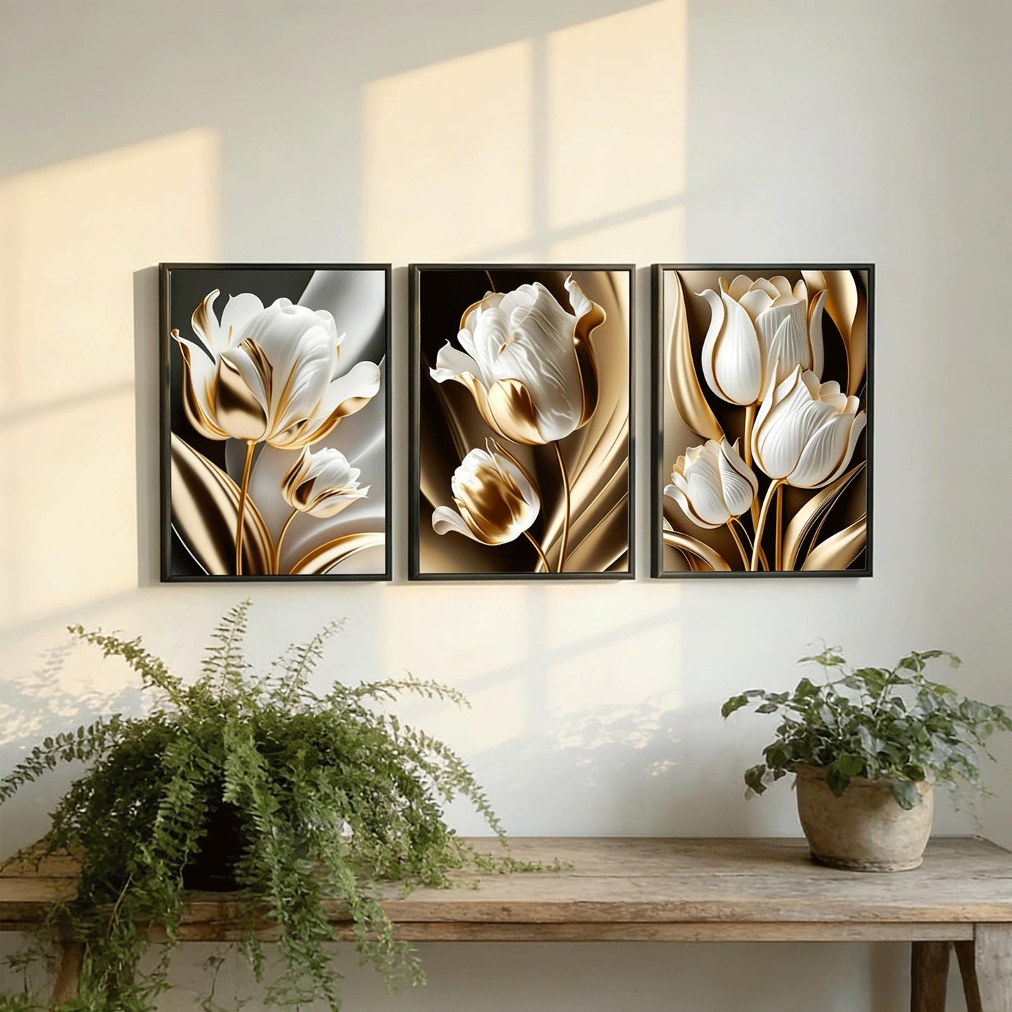 3Pcs Abstract White Gold Floral Wall Art Modern Luxury Minimalism Painting Pictures Wall Decor tulip Plants Posters Prints Artwork for Living Room Bedroom Office Home Decoration 12 x 16in unframed