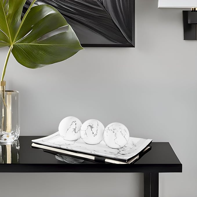 Creative Scents White Marble Look Home Decor Tray and Orb Set Coffee Table Decor for Living Room Centerpiece Table Decorations for Dining Table, Kitchen, Foyer, Entryway Elegant House Decoration