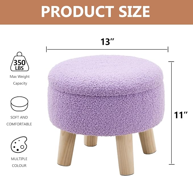 Wimarsbon Storage Ottoman, Modern Round Footrest with Soft Padded Seat, Teddy Velvet Footstool with Wood Legs, Accent Small Table or Plant Stand for Hallway, Living Room (Purple)