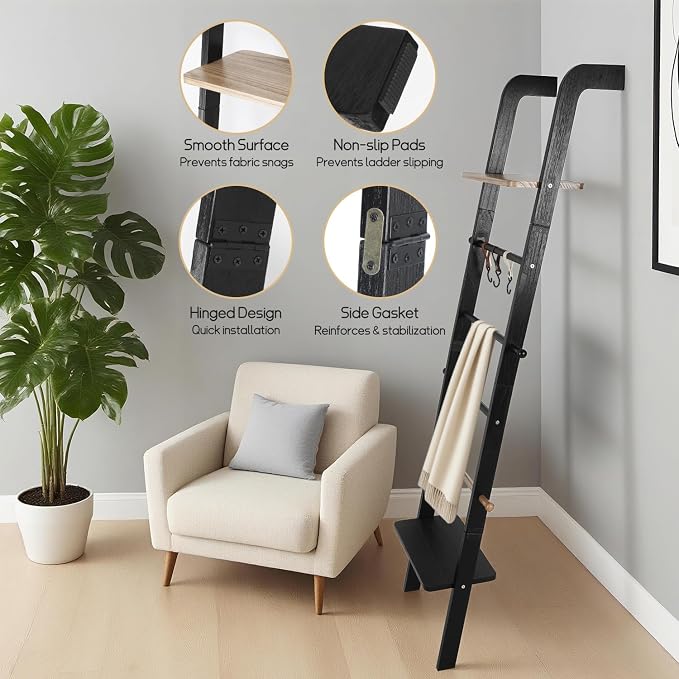 Wooden Ladder with Shelf for Decor, 6-Tier Decor Ladder with Non-Slip Mat & Hooks, Farmhouse Style Leaning Wall Display Holder, Black