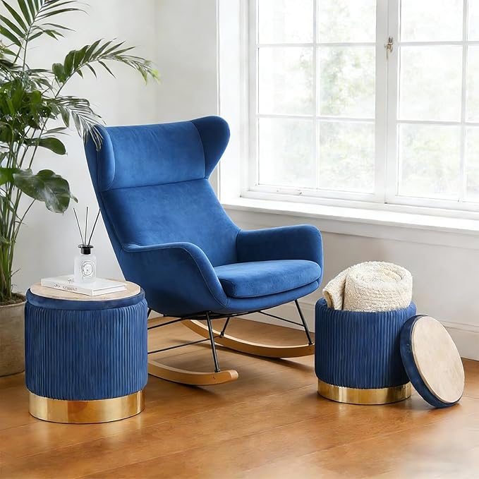 YYW HOME Navy Round Ottoman with Storage Set of 2 Vanity Stool Foot Rest with Removable Lid White Velvet Storage Ottoman Stool for Living Room and Dorm
