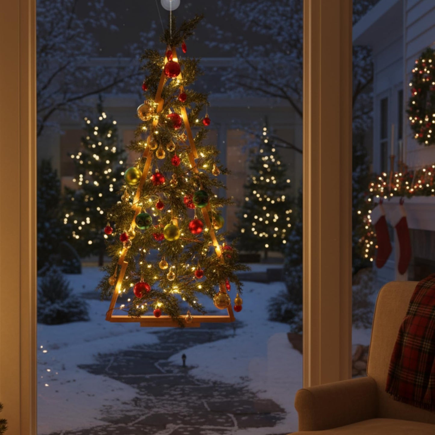 Glooglitter 47 Pcs 3 FT Wall Christmas Tree with Lights Large Christmas DIY Wall Decor Set Include Hanging Ball Ornaments LED String Lights Norfolk Pine Garland Artificial Xmas Tree Home Decor