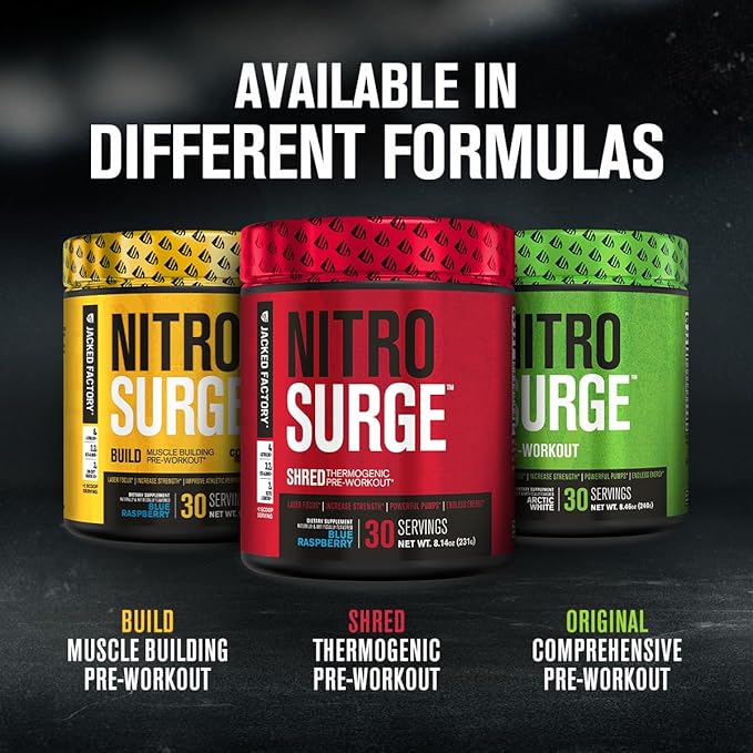 Jacked Factory NITROSURGE Shred Pre Workout Supplement - Energy Booster, Instant Strength Gains, Sharp Focus, Powerful Pumps - Nitric Oxide Booster & PreWorkout Powder - 30Sv, Watermelon
