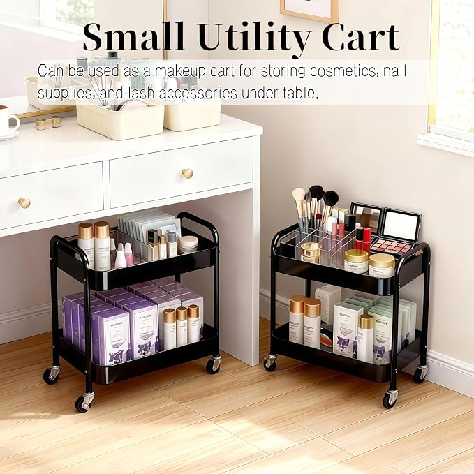 2 Pack Pantry Cart 2 Tier Small Rolling Cart with Wheels for Under Desk Storage, Short Rolling Utility Cart Large Basket Metal Kitchen Shelf with Mesh Laundry Room Organizer Side Table, Black