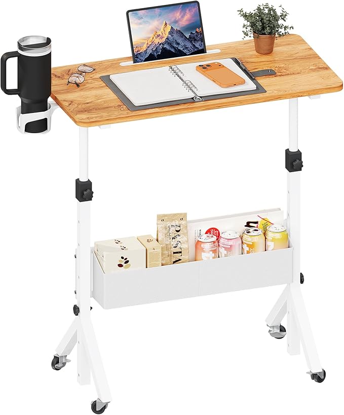 ErGear Mobile Standing Desk with Wheels, Adjustable Height 28.3″ to 46.1″, Rolling Laptop Cart with Cup Holder, Storage Basket, Computer & Pen Slot, Home Office Stand Up Desk, Light Vintage Brown