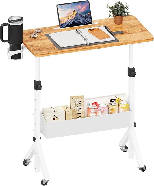 ErGear Mobile Standing Desk with Wheels, Adjustable Height 28.3″ to 46.1″, Rolling Laptop Cart with Cup Holder, Storage Basket, Computer & Pen Slot, Home Office Stand Up Desk, Light Vintage Brown
