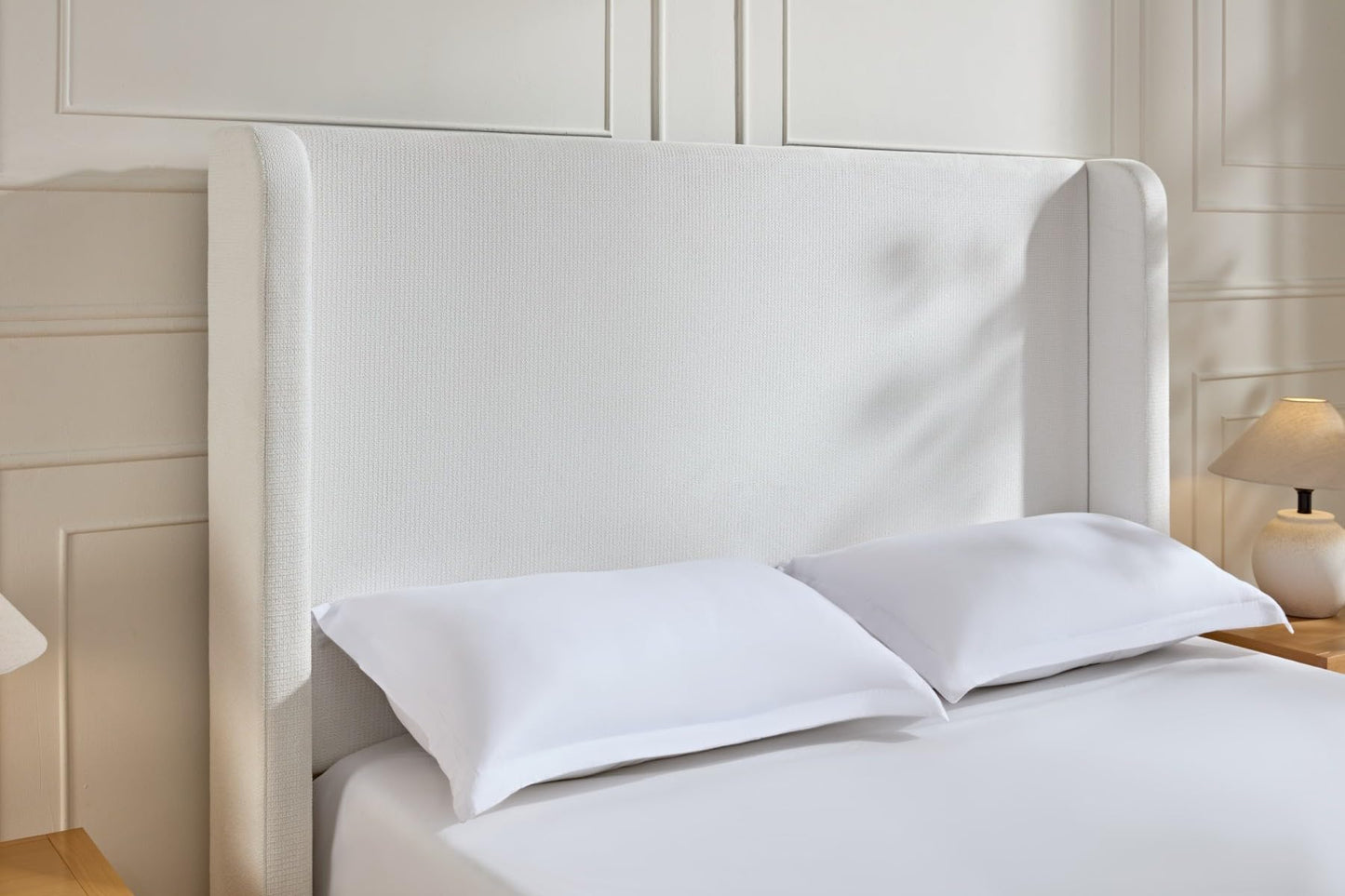 KEIKI Chenille California King Size Bed Frame, 54" Tall Headboard Upholstered Platform BedFrame with Wingback, Elegant Simplicity, No Box Spring Needed, Solid Oak Wood Feet, Cream White