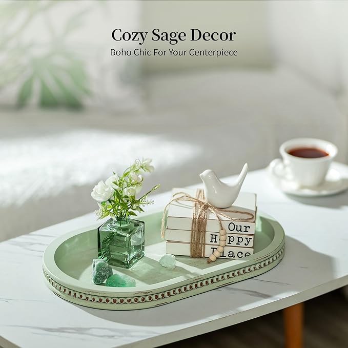 Hanobe Decorative Trays for Coffee Table: Sage Green Oval Bathroom Trays - Wood Modern Farmhouse Decor for Home Kitchen Counter Entryway Table