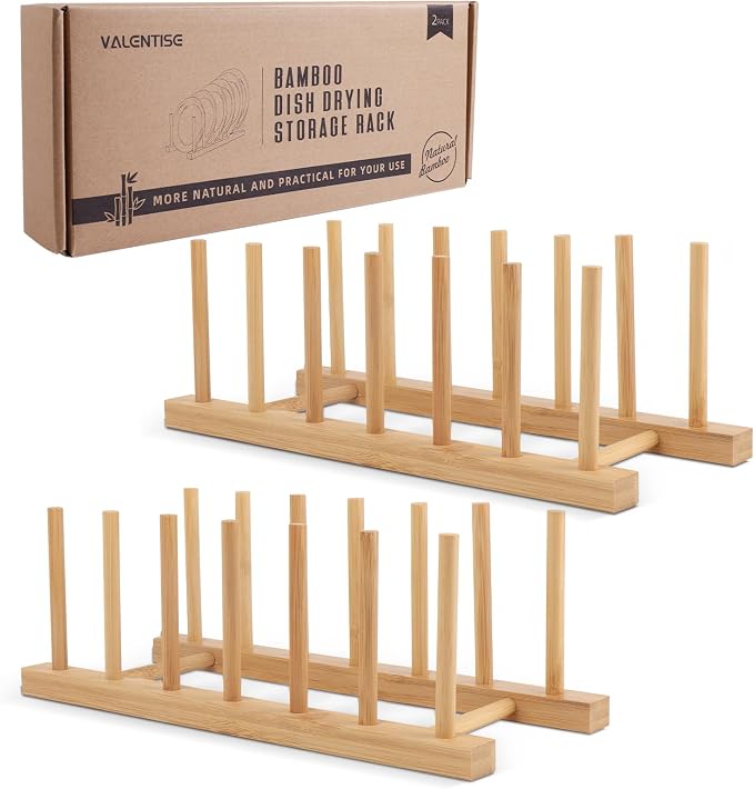 2 Pack Bamboo Dish Drying Rack, Natrual Wooden Plate Rack Holder, Kitchen Storage Organizer for Dish, Plate and Cutting Board