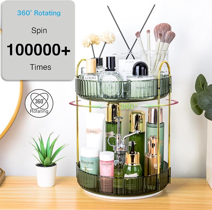 360 Rotating Makeup Organizer, 2 Tier Lazy Susan Bathroom Counter Organizer, Skincare Organizers, Spinning Perfume Organizer & Vanity Organizer Countertop (Gem Green, 2 Tier)