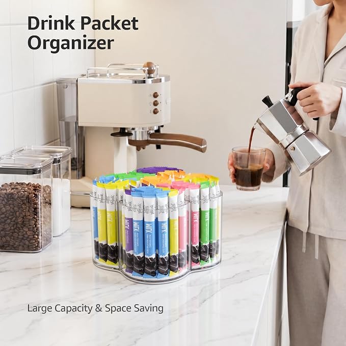 Drink Packet Organizer for Powdered Drink Mix, Divided Rotating Lazy Susan for Powder Packet, Clear Turntable Organizer Tray for Water Flavor Packets, Powder Mixes