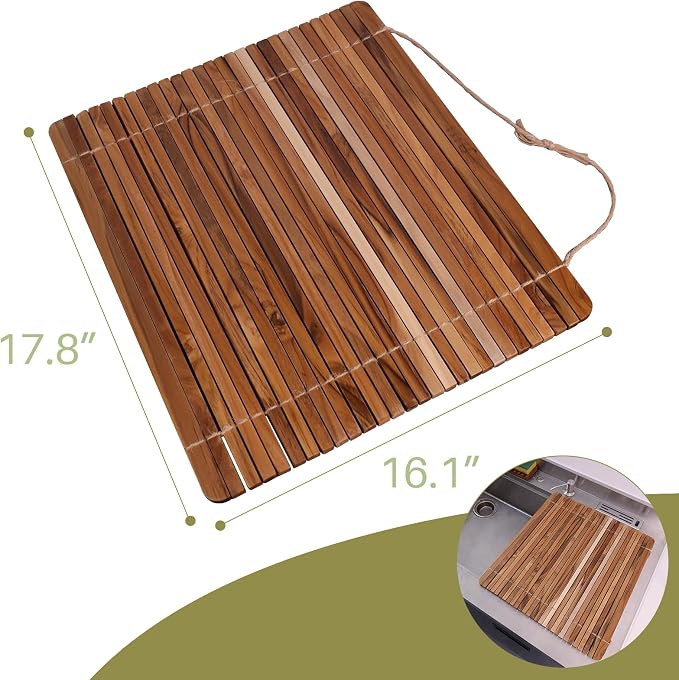 HTB Over Sink Dish Drying Rack 17.8'' x 16.1, Kitchen Teak Wood Roll Up for Dishes,Plates, Bowls, Wooden Cover Counter Space