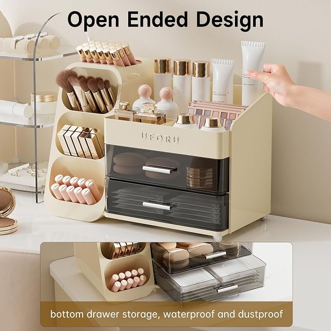 UFORU Makeup Organizer for Vanity with Brush Holder, Large Capacity Bathroom Countertop Skincare Organizer with 2 Drawers, Cosmetic Display Case for Perfumes, Eyeshadow Palettes, Nail Polishes