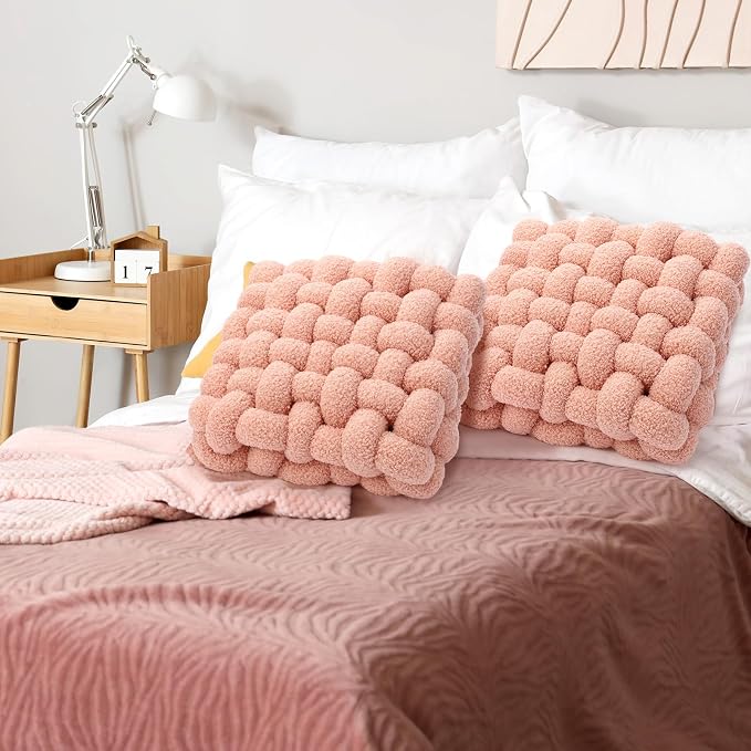 Wenqik 2 Pcs Knot Pillows Square Knotted Plush Throws Soft Accent Pillows Decoration Cushion for Couch Home Office Living Room Bedroom Bed Sofa Decor, 12'' x 13''(Pink,Lambswool)