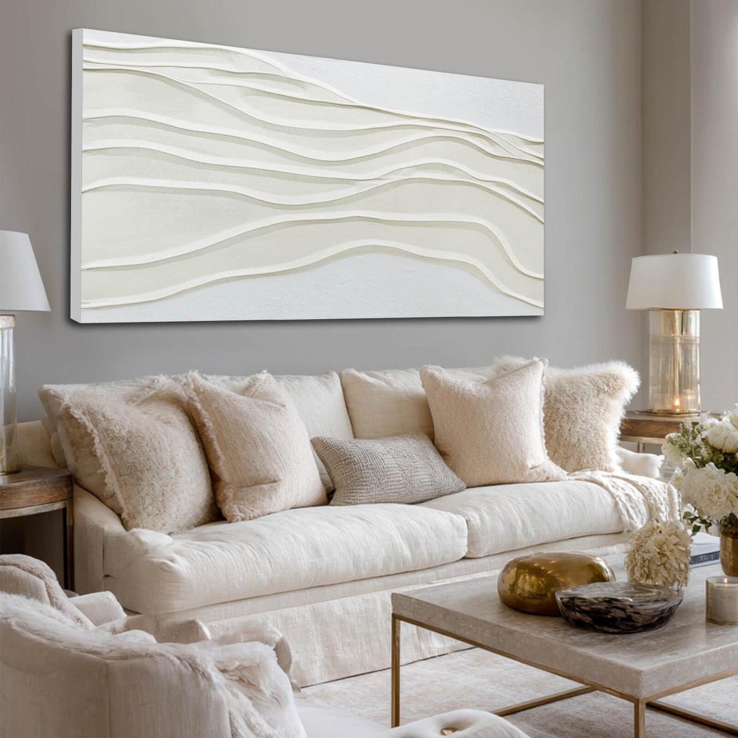 Framed Neutral Abstract Wall Art White Pictures Wall Decor Textured Canvas Painting Artwork for Dining Room Bedroom Home Decorations 24x48 Inch