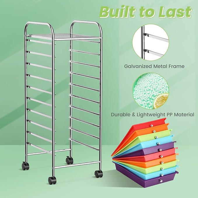 COSTWAY 10-Drawer Rolling Storage Cart, Utility Mobile Trolley with Removable Drawers & Universal Casters & 2 Brakes, Versatile Flexible Drawer Organizer Cart for Home, Office (Multi-Colored)