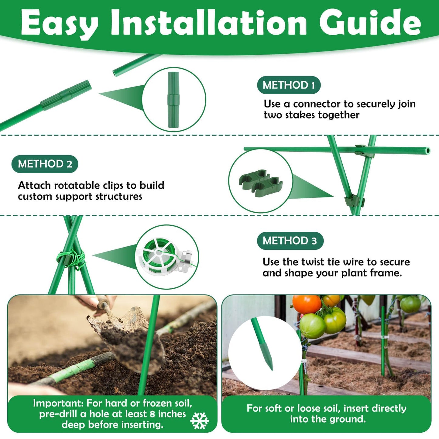 Tetutor 337 PCS Garden Stakes, Fiberglass Tomato Stakes, Garden Sticks with Accessories, 105 Sets DIY 4ft, 5ft, 6ft, 7ft Plant Stakes, Plant Sticks Supports for Indoor Outdoor Plants, Vegetables