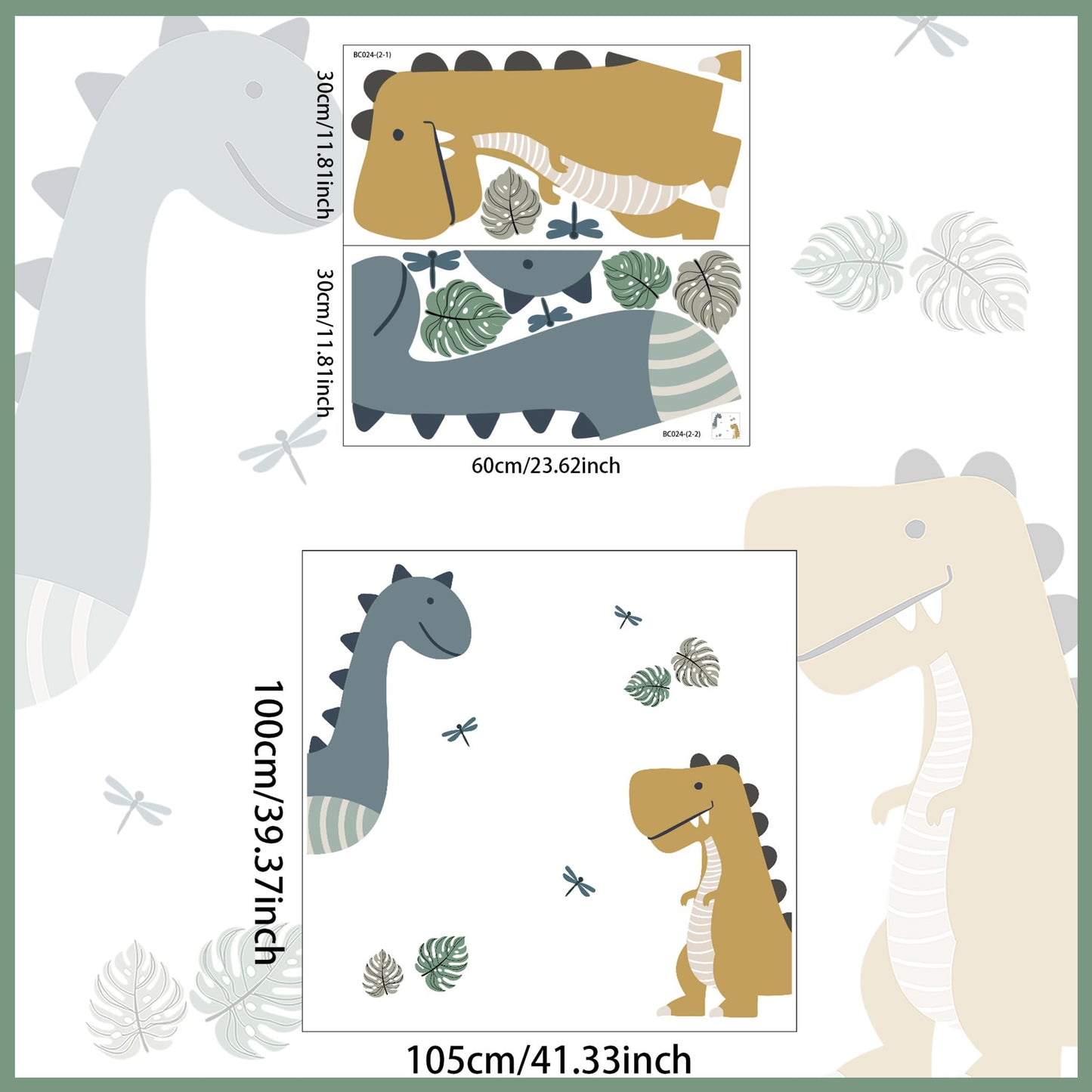 Large Dinosaur Wall Stickers,Cute Cartoon Dinosaur Art Decor,Peel and Stick Jungle Dino Wall Decals for Kids Boys Nursery Bedroom Playroom Daycare Classroom Baby Shower Birthday Party Decor Gifts