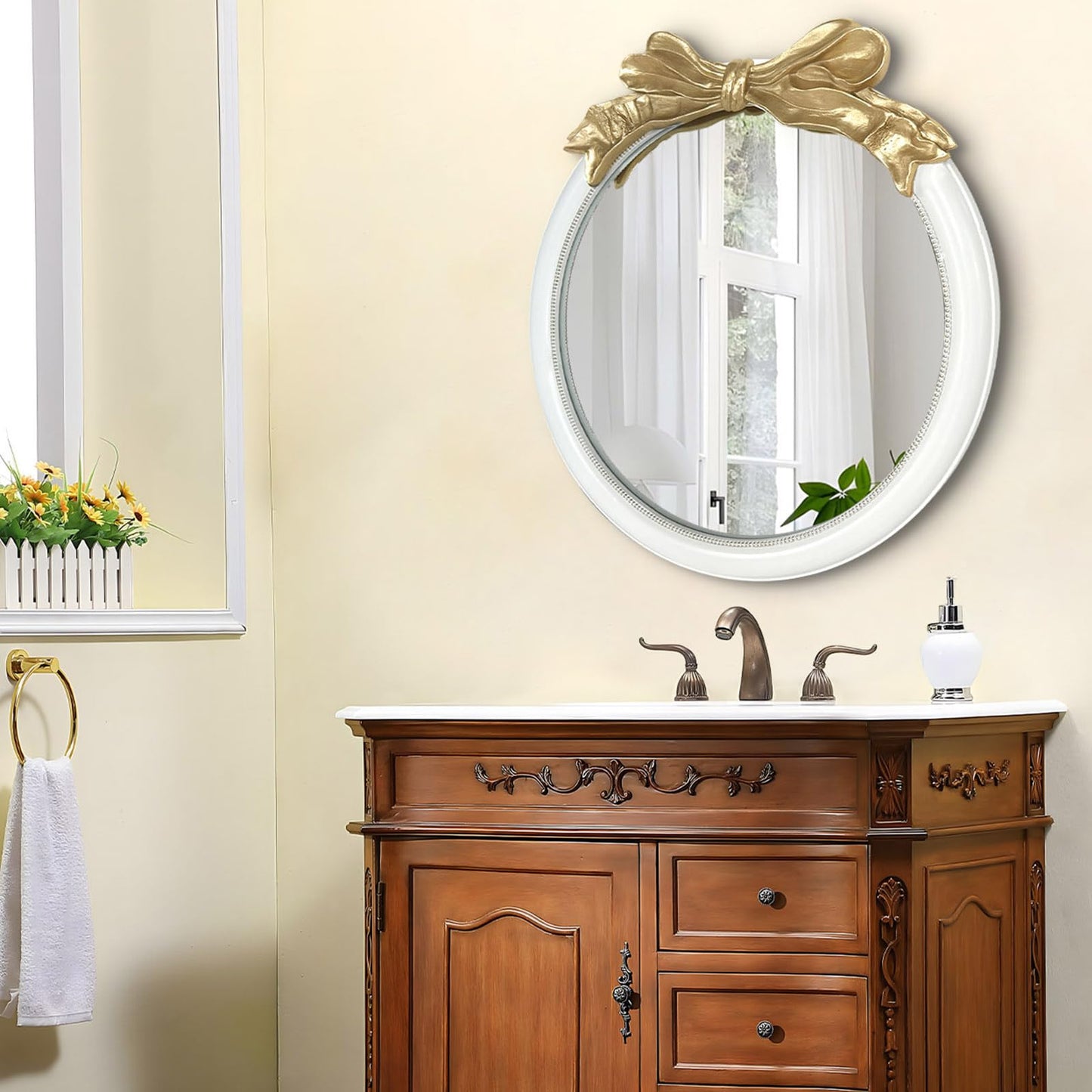 inoseen Antique Bow Round 26x26 inch Wall Mirror, White and Gold Bow Frame Circle Mirror for Wall Decor for Bathroom Sink, Living Room, Hallway & Bedroom