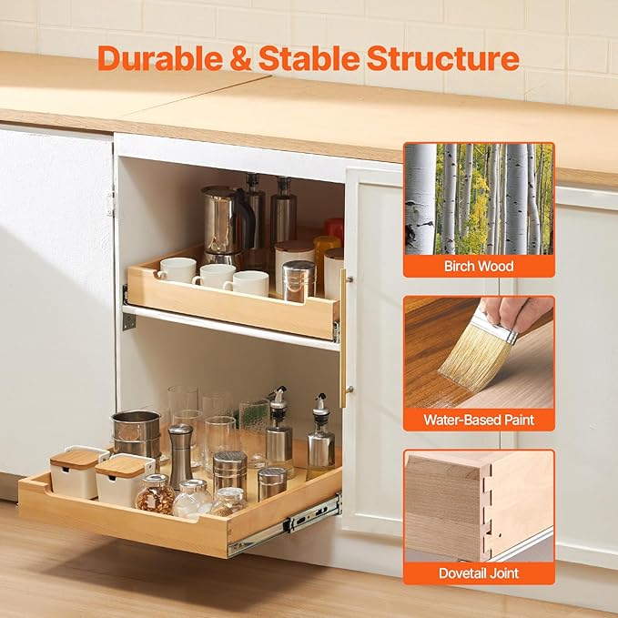 VEVOR Pull Out Cabinet Organizer, 20"W x 21"D Cabinet Drawer, Soft Close Slide out Shelf, Heavy-Duty Sliding Wood Drawer, Bottom Mount Size（20.5"W x 23"D）and Side Mount Size（21"W x 23"D）