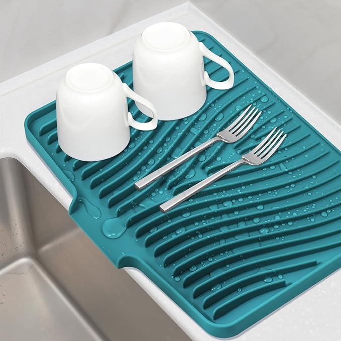 TIKNIK Silicone Dish Drying Mat for Kitchen Counter - Heat Resistant & Non-Slip Dish Drain Pad with Built-In Drain, Dishwasher Safe, Quick-Dry, Hangable & Roll-Up for Storage, Green-1pcs, 16" x 12"