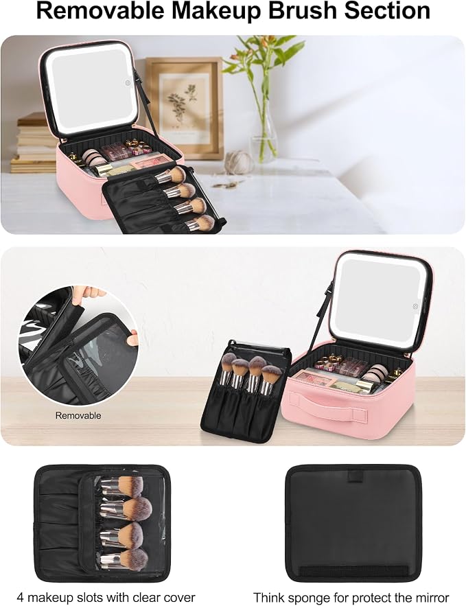 Chomeiu Makeup Bag with LED Mirror, Cute Cosmetic Bags for Women and Girls, Travel Train Case Artists Organizer Large Make Up Bags with 3 Color Light Up Mirror & Removable Brush Compartment, Pink