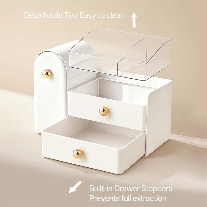 HBlife Makeup Organizer Countertop with Drawers, Vanity Organizers with Brush Holder, Bathroom Counter Organizer for Perfume, Nail Polishes, Lipsticks, Skincare and Eyeshadow Palettes, White and Gold
