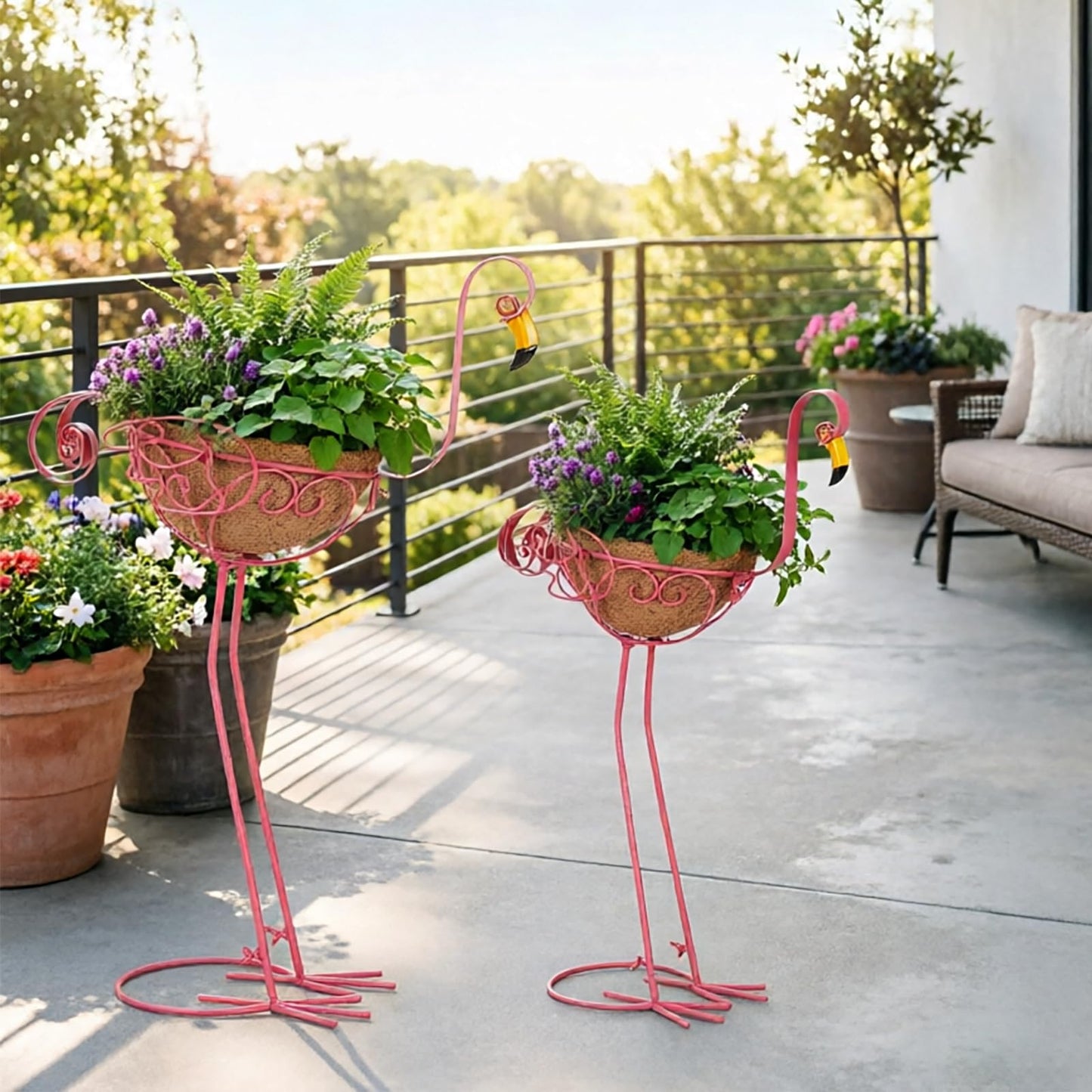 Derynome Pink Flamingo Garden Planters, Set of 2 Metal Flamingo Outdoor Planters with Basket, Flamingos Decorations for Indoor Outdoor Garden Decor