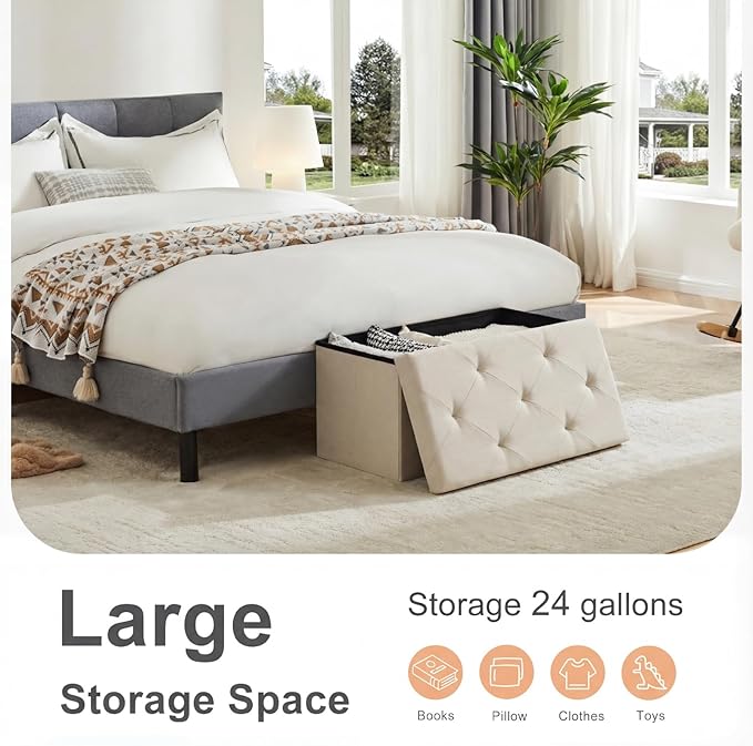 Sweetcrispy 30 Inch Folding Storage Ottoman Bench, Large Hidden Storage Chest with Padded Seat, Foot Rest Stool Supports Up to 660Lbs, End of Bed Bench for Bedroom, Living Room, Linen Fabric, Beige