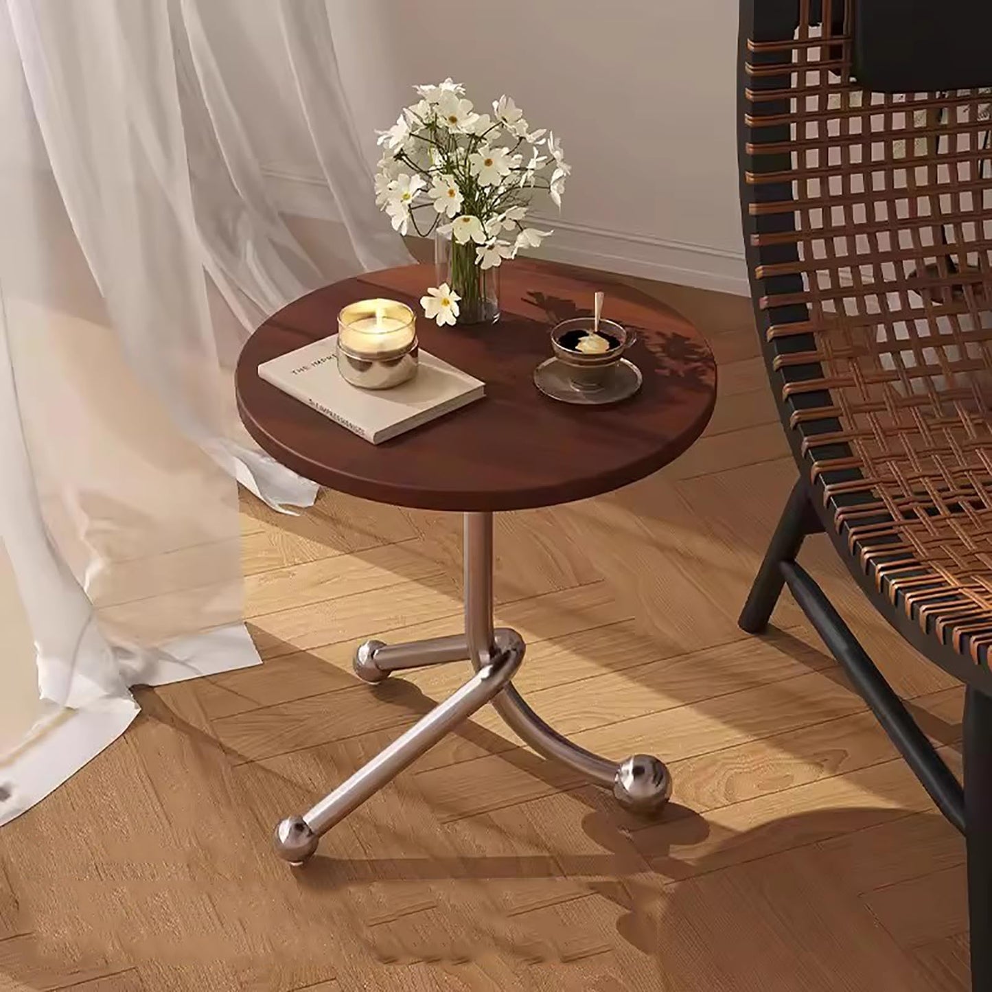 FUNEWBO Sturdy Small Round Side Table with Stylish Stand,Small End Table,Modern Nightstand for Living Room,Bedroom Plant Stand Indoor Outdoor(H:15.7in, Brown)