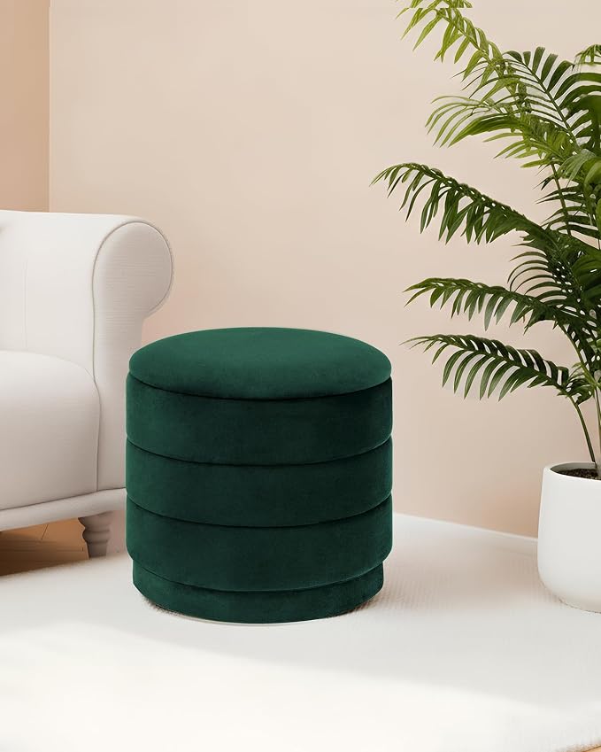 B FSOBEIIALEO Round Velvet Storage Ottoman with Tray, Folding Ottoman with Storage Coffee Table Foot Rest for Dorm Room, Living Room Bottle Green, 15.35"x15.35"x14.57"