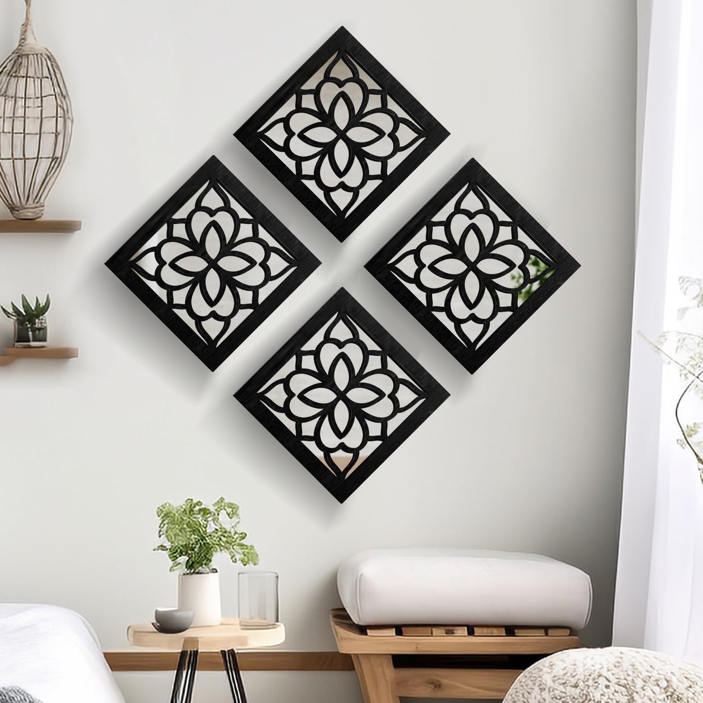 KOYILTD 2 PCS Square Wall Mirror,Rustic Farmhouse Wall Mirrors,12 inch Small Mirror Art (style2 Black)