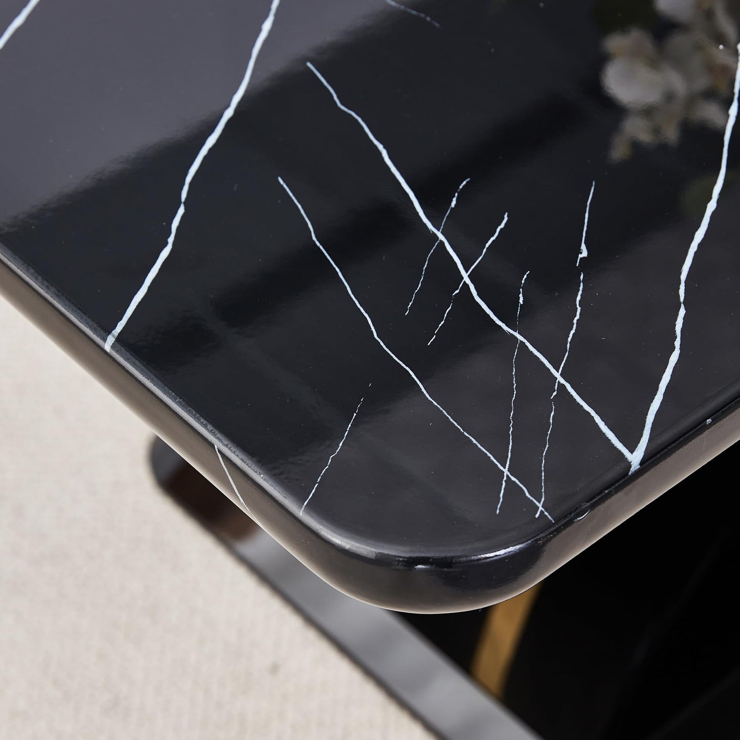 JUFU 63" Black Marble-Look Dining Table for 6, Modern Rectangular Kitchen & Dining Room Table, Glossy Faux Marble Finish Top, Pedestal Base, Easy Assembly