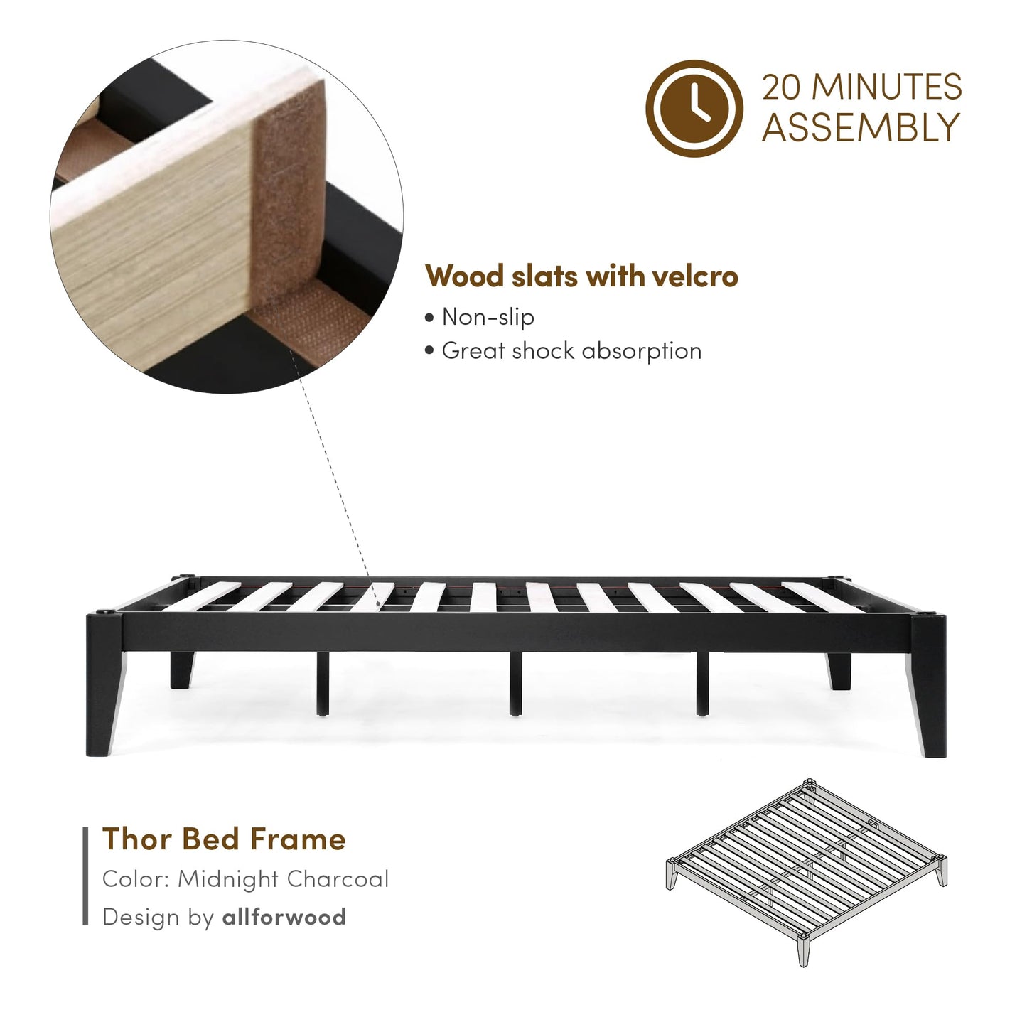 AllForWood Thor Premium Solid Wood Bed Frame Full, Japanese Joinery Bed Frame with Wood Slat Support, Platform Bed, No Box Spring Needed, Easy Assembly, Minimalist & Modern Style (Midnight Charcoal)