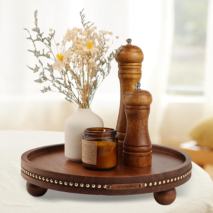 Farmhouse Decorative Round Tray, 11.81 Inch, Versatile Centerpiece Tray for Coffee Table Kitchen Living Room Bathroom, Home Decor Accent Brown Color