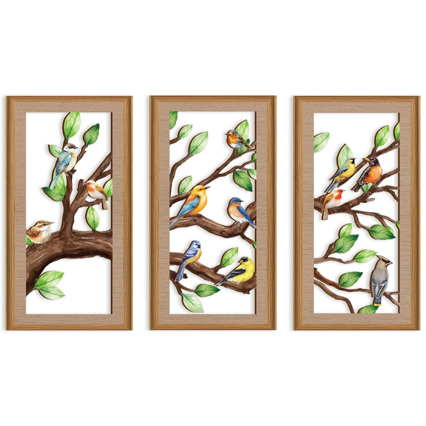 Ausril 3 Pcs Birds Tree Branch Wall Decor,Nature Tree of Life Wall Art,Green Leaves with Bird Wall Art,Branch Birds Silhouette Sculpture,Spring Tree Sign Wood Framed for Home Living Room Bedroom
