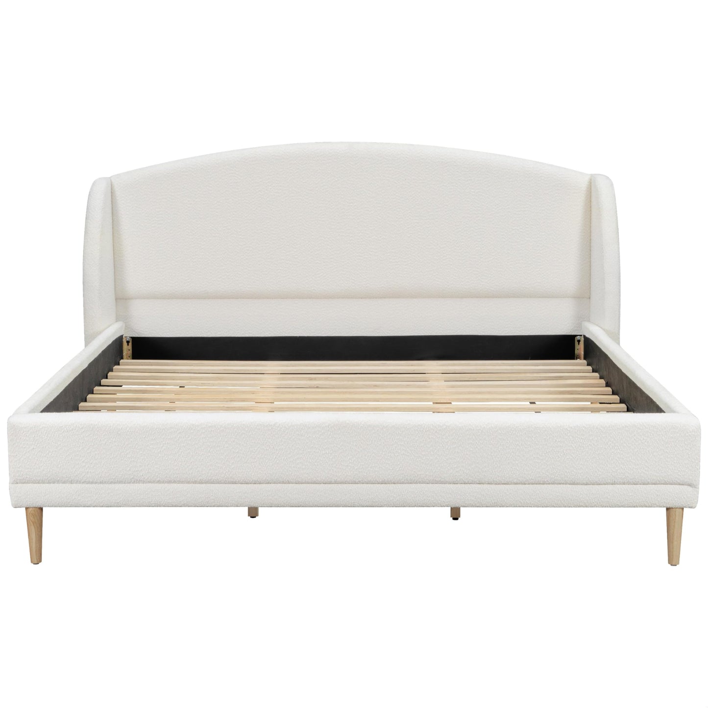 King Size Upholstered Platform Bed Frame with Boucle Fabric Wingback Headboard Solid Wood Legs No Box Spring Modern Bed Frame, White
