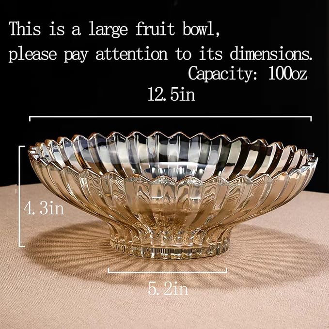 Glass Fruit Bowl or Decorative Bowl, used for Kitchen counter or living room center table decoration, 12.5 inch Fruit Bowl or Center Bowl (Amber)