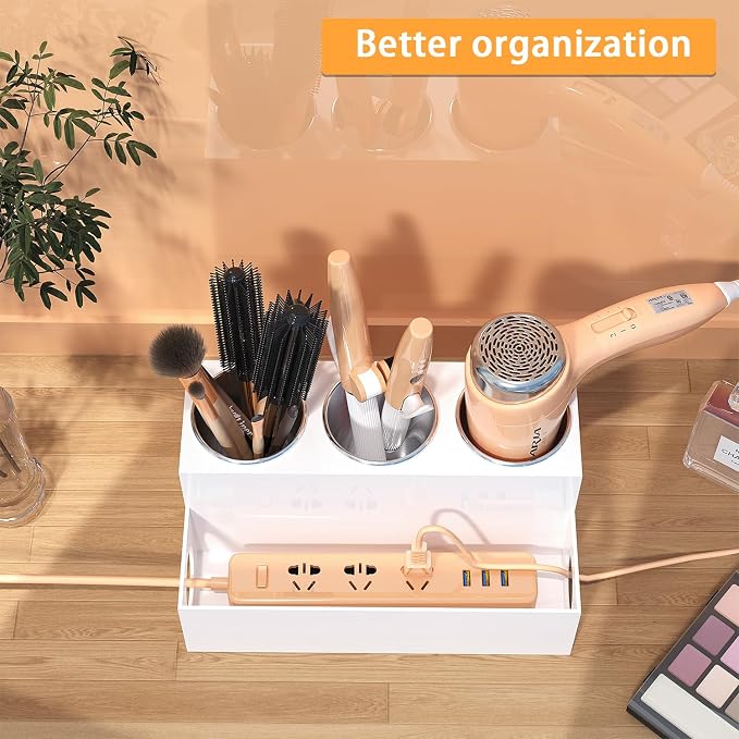 Hair Tool Organizer, White Acrylic Hair Dryer Holder with Insulated Cup, Bathroom Supplies Countertop Blow Dryer Holder, Vanity Caddy Storage Stand for Accessories, Makeup, Toiletries
