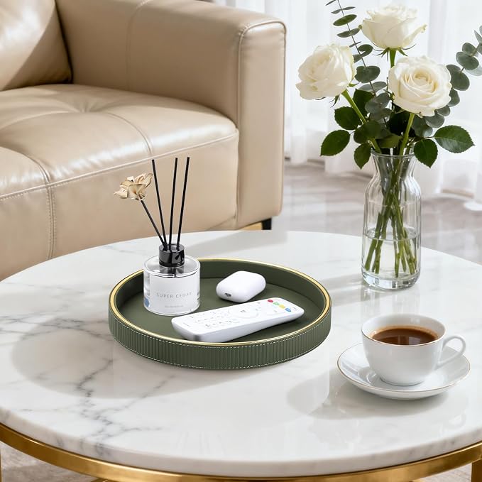 Round Decorative Tray for Coffee Table Decor, PU Leather Coffee Table Tray Golden Trim for Home Decor Living Room Dining Table, Perfume Trays Nightstand Organizer (Green)