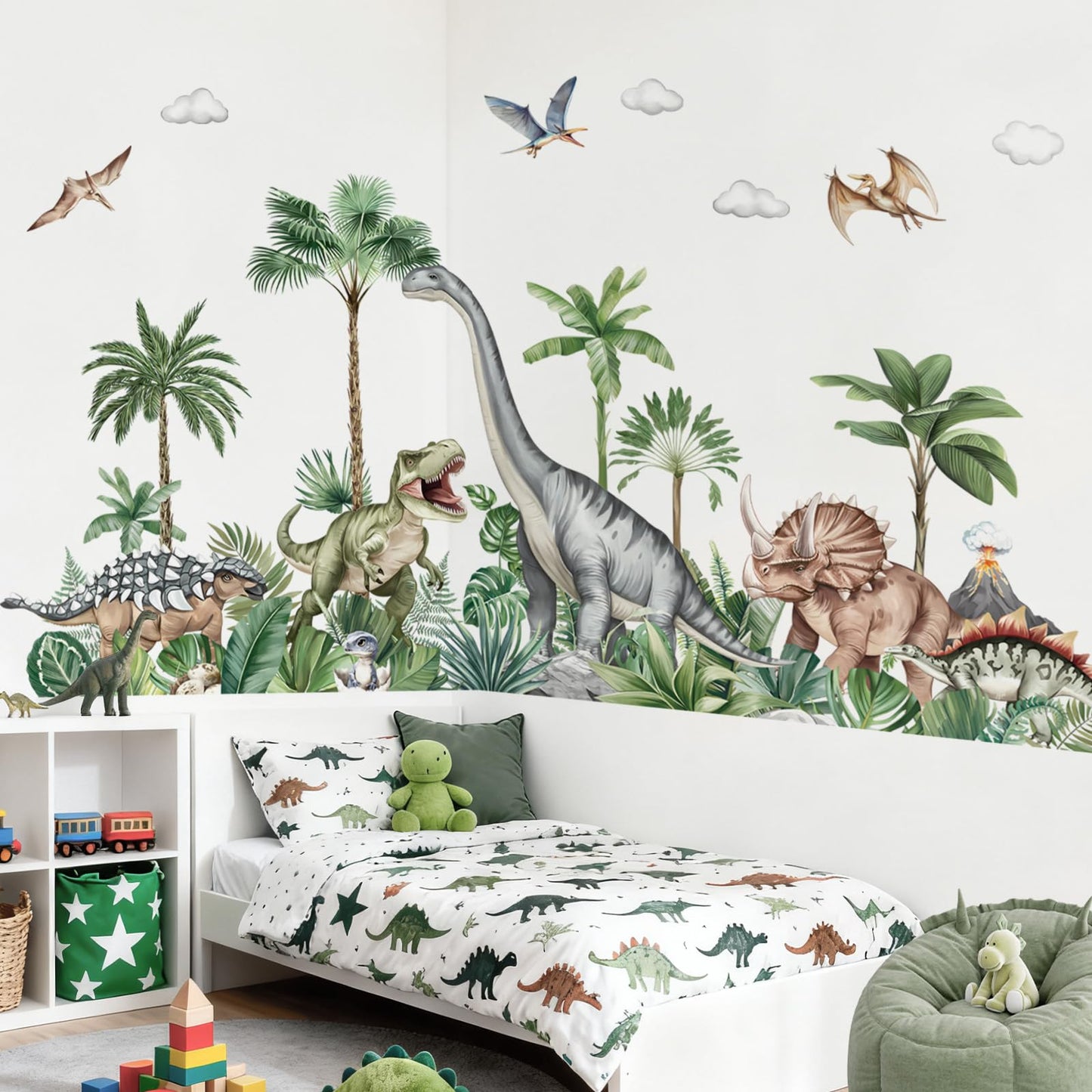 decalmile Large Dinosaurs Wall Decals Dino Animal Tropical Palm Tree Wall Stickers Living Room Baby Nursery Kids Room Home Decor(XXL)