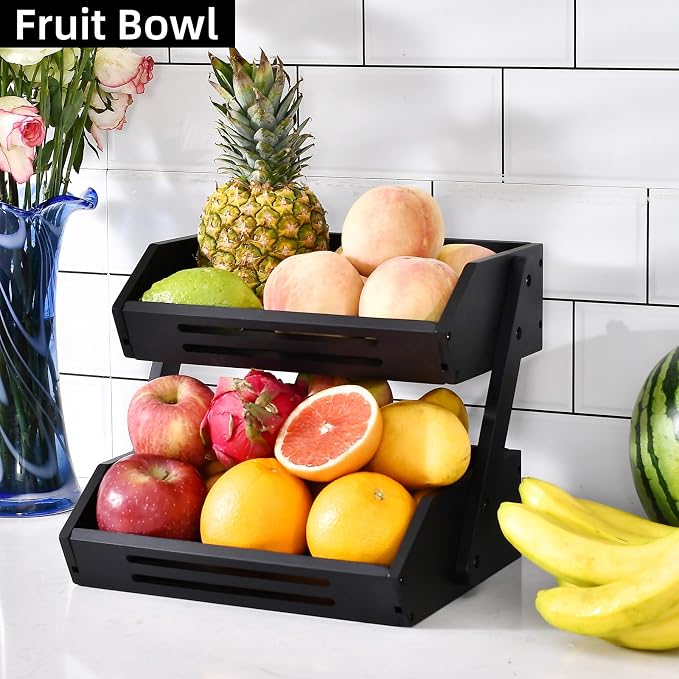 VIKEYHOME Kitchen Organizer with 2-Tier Bamboo Fruit Basket – Large Capacity, Space-Saving Fruit & Veggie Stand for Countertop, Snack Holder, Natural & Sturdy 15mm Thick Design