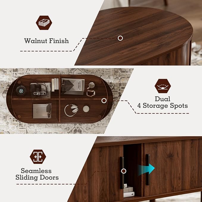 ZttRiee Coffee Table for Living Room, Modern Oval Coffee Table with Cabinets & Sliding Doors, Home Small Space, 47.2" Fluted Center Table, Walnut