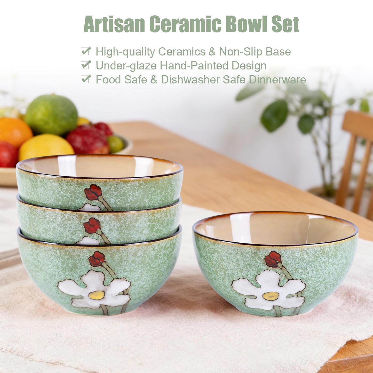WHITEPEONY 28oz Ceramic Bowls Set of 4 for Kitchen, 6 Inch Hand-painted Floral Serving Bowls, Dishwasher Microwave Oven Safe, for Salad, Pasta, Ramen, Rice & Dessert, Breakfast Lunch Dinner, Green