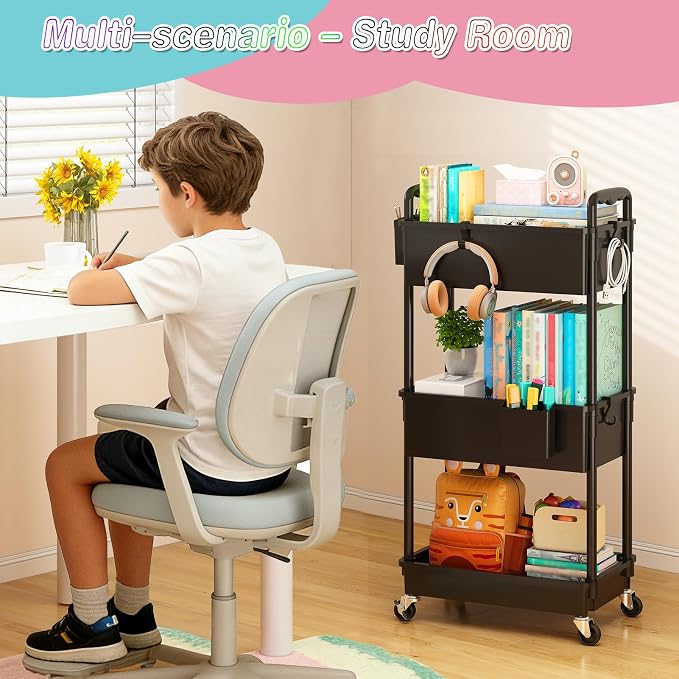 SUNALLY Baby Diaper Caddy Cart, 3 Tier Rolling Diaper Cart with Lockable Wheels for Nursery Essentials, Large Capacity & Easy Assemble Diaper Storage Organizer for Newborn,New Mom, Black