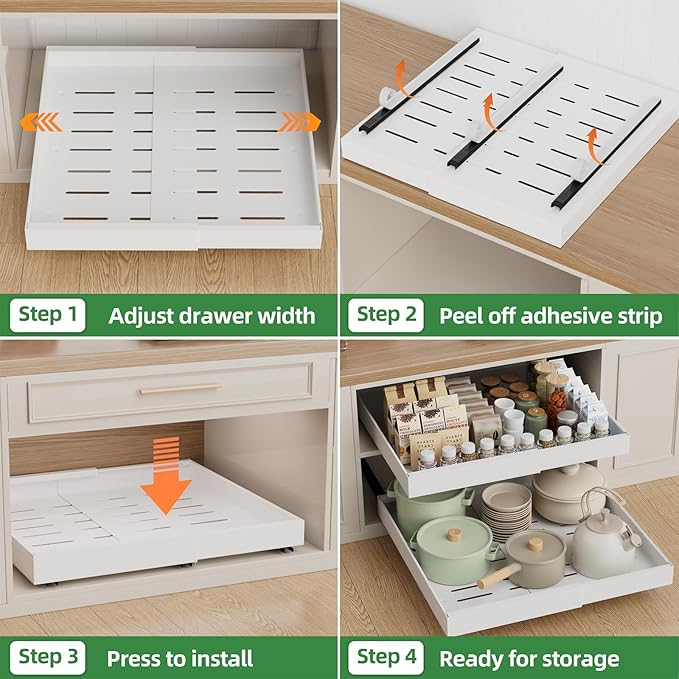PAKETA 1 Pack Expandable Pull Out Cabinet Organizer, 21'' Deep Pull Out Drawers for Cabinets, Upgrade 3 Slide Rails Sliding Drawers for Cabinet with Adhesive Nano Film (White)