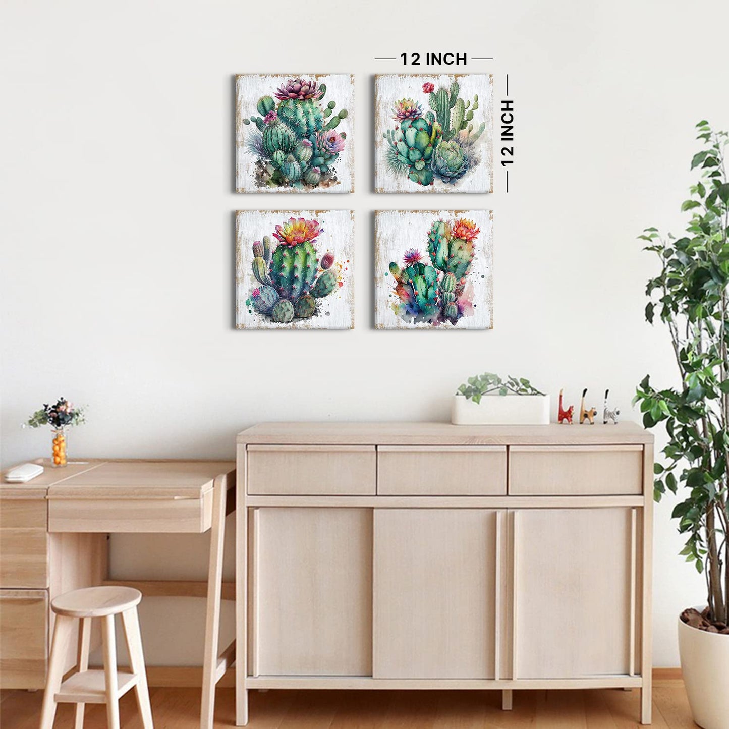 Cactus Decor for Bathroom Succulent Cactus Wall Art Western Wall Decor Southwestern Botanical Plants Canvas Prints Mexican Boho Tropical Flowers Artwork Living room Office Home Decorations 12x12" 4Pcs