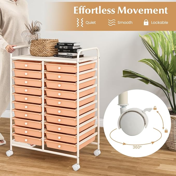 COSTWAY 20-Drawer Rolling Storage Cart, Utility Storage Organizer Cart for Tools, Scrapbook, Paper, Craft, Multipurpose Storage Trolley on Wheels for Home Office School, Peach