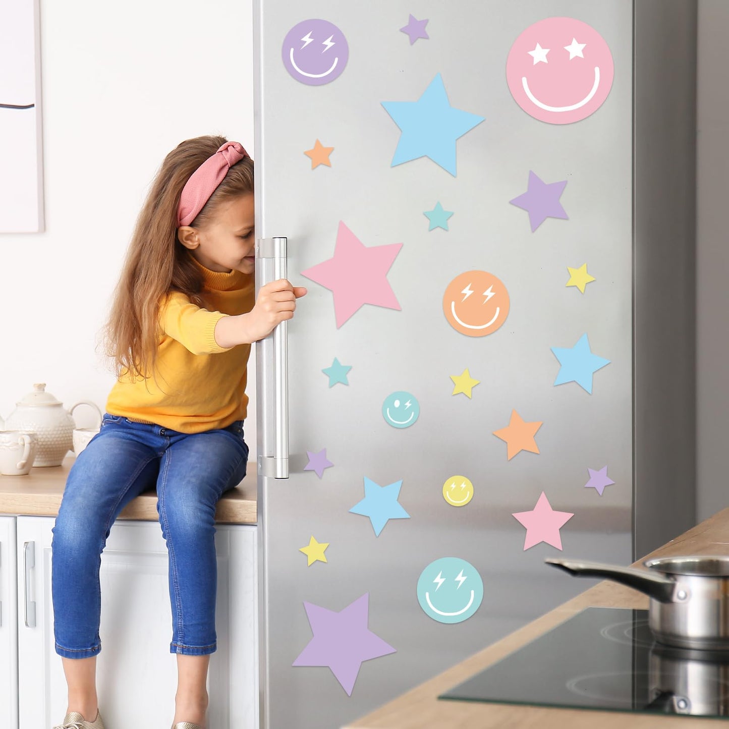 Whaline 12 Sheets Preppy Wall Stickers Pastel Smile Face Star Wall Decals Aesthetic Room Mural Stickers for Back to School Party Home Nursery, 7.9 x 11.8 Inch